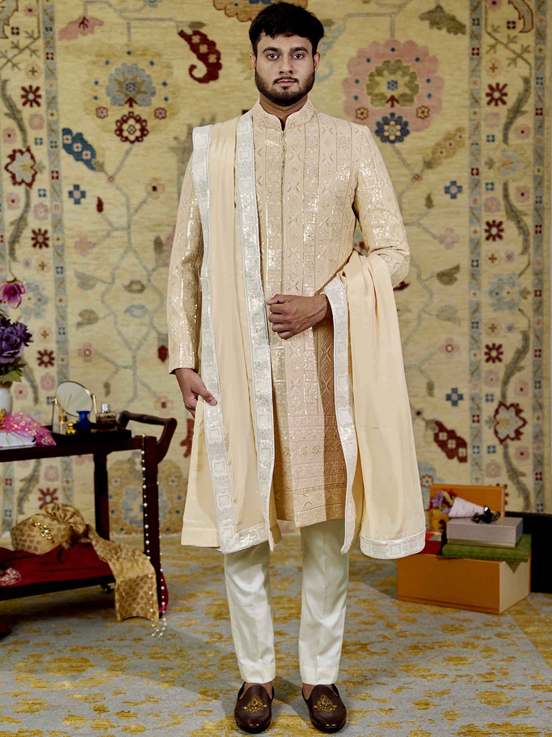 

Agrajain Embellished Long Sleeve Sherwani Set, Peach