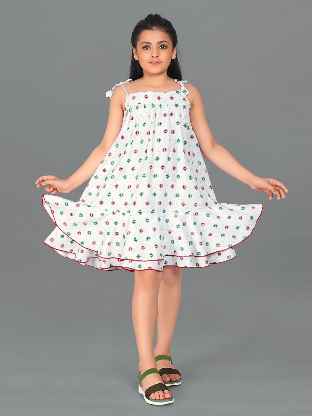 

BAESD Girls Printed Shoulder Straps Crepe A-Line Dress, White