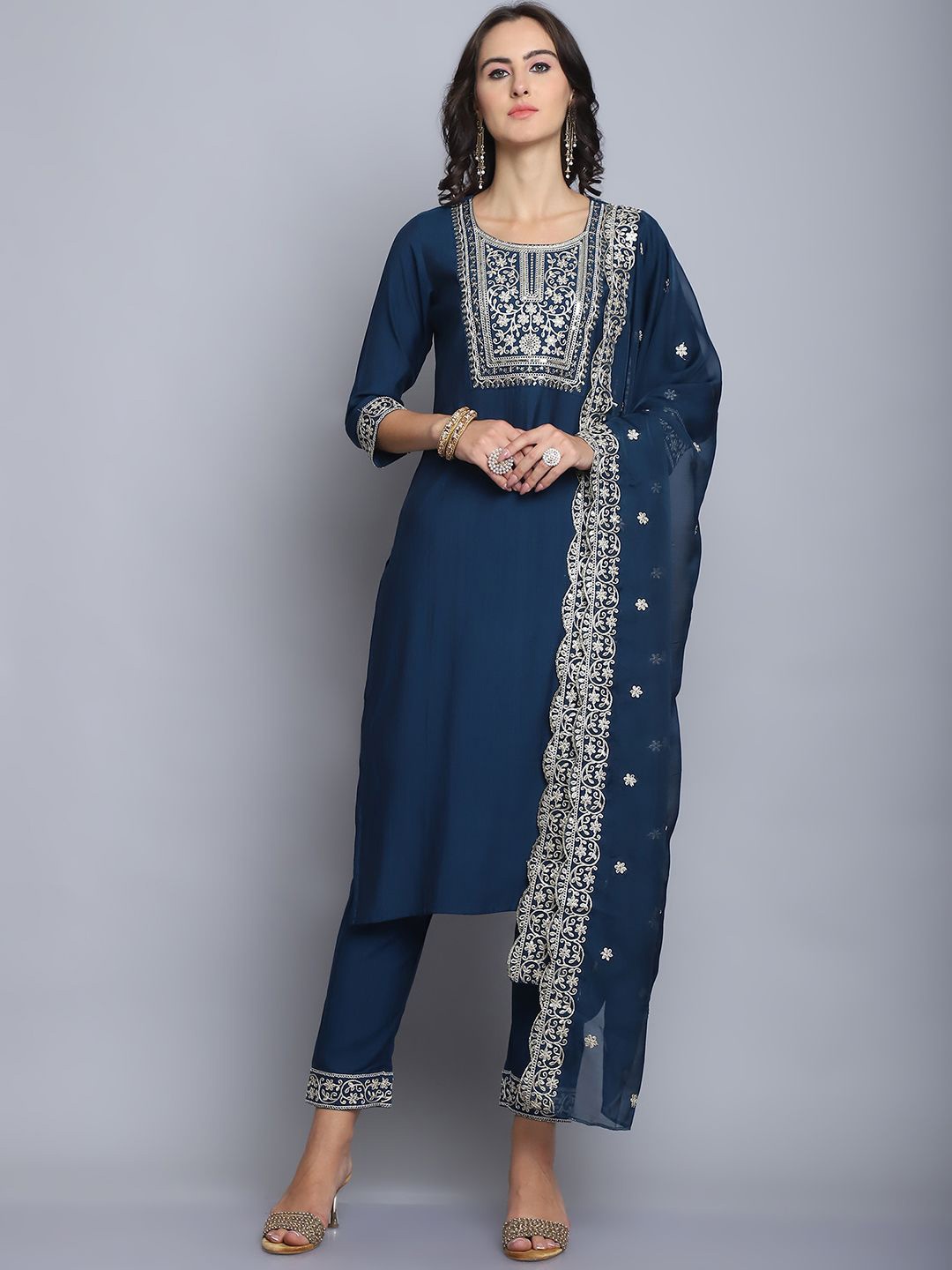 

KALINI Ethnic Motifs Embroidered Thread Work Pure Silk Kurta with Trousers & Dupatta, Navy blue