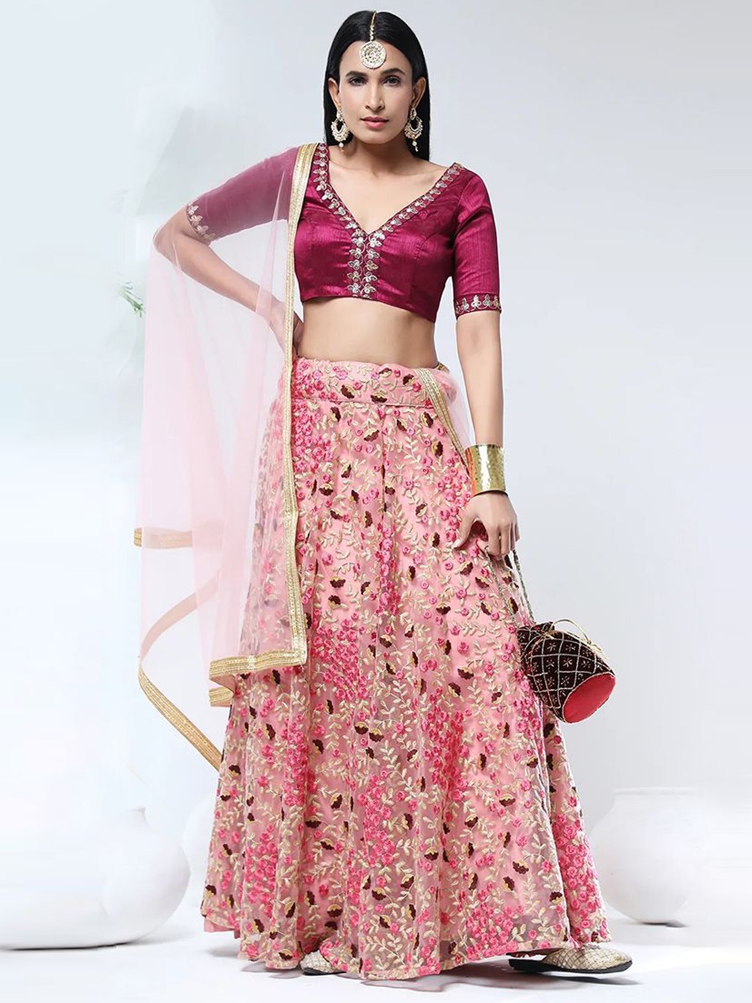 

FABPIXEL Embellished Semi-Stitched Lehenga & Unstitched Blouse With Dupatta, Pink