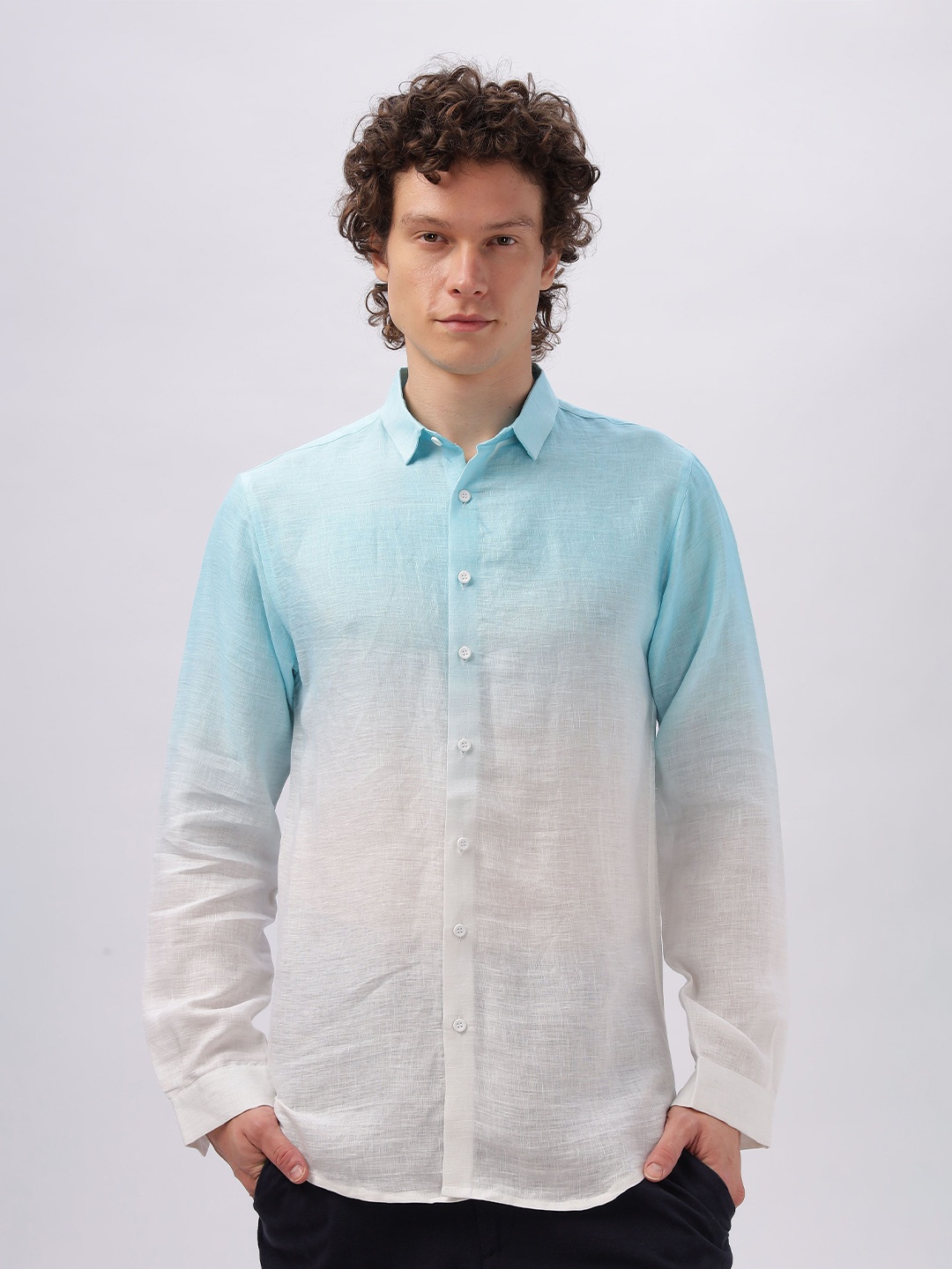 

HAMPTONS Cotton Linen Faded Ombre Casual Shirt, Blue