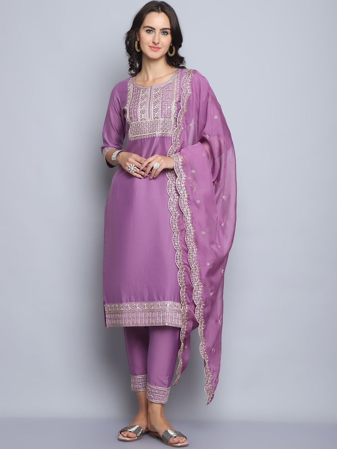 

KALINI Ethnic Motifs Yoke Design Pure Silk Straight Kurta With Trousers & Dupatta, Pink