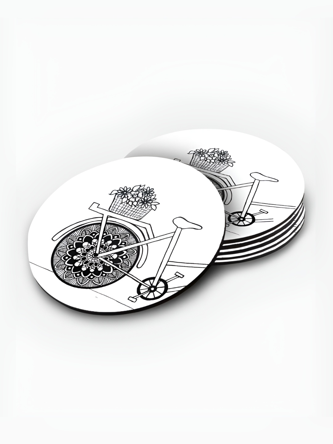 

macmerise Black & White 6 Pieces Printed Wooden Round Coasters