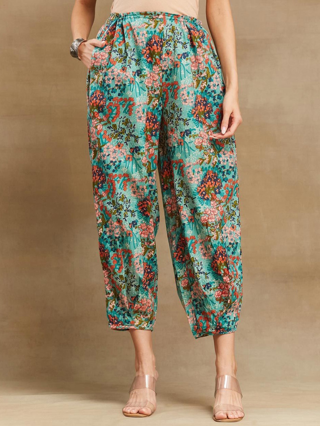 

Fabindia Women Floral Printed Loose Fit Pure Cotton Salwar, Turquoise blue