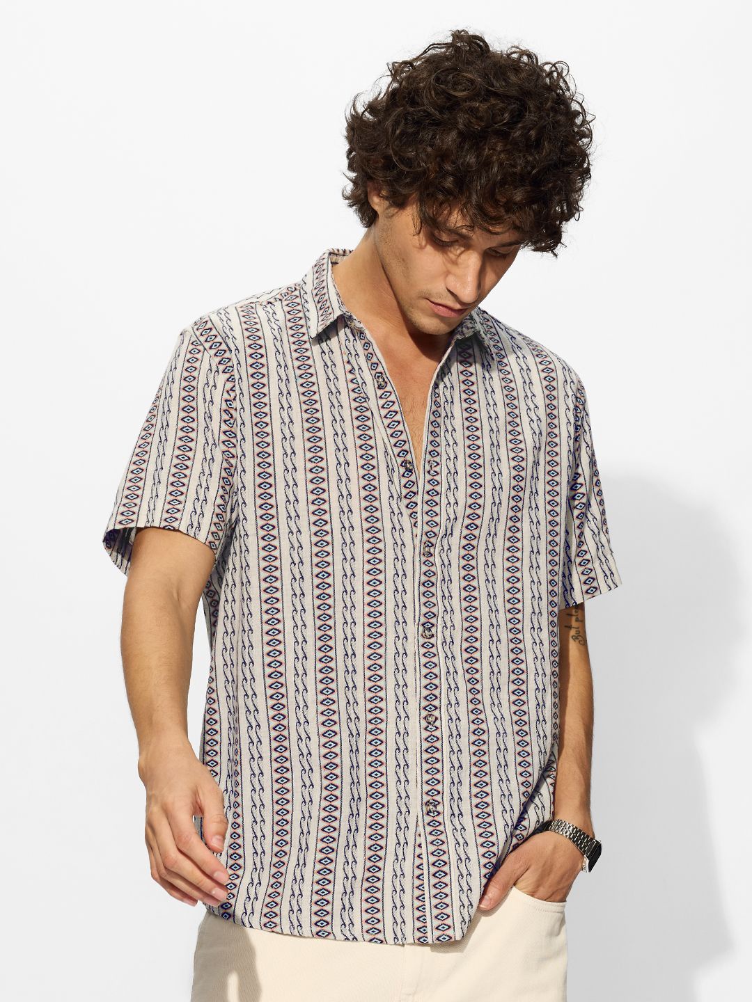 

The Souled Store Men Opaque Tribal or Aztec Printed Casual Shirt, White