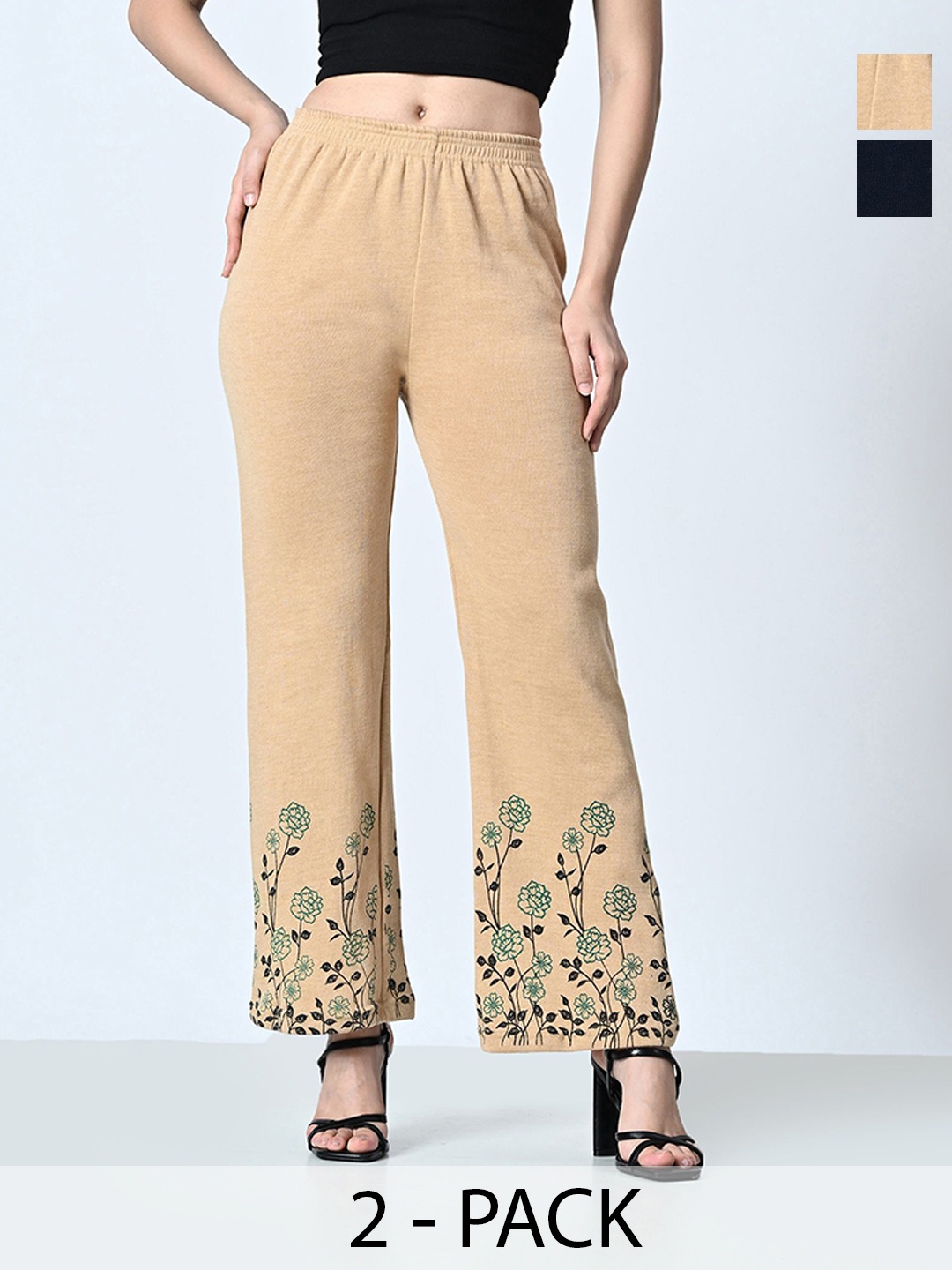 

BAESD Women 2 Floral Printed Knitted Palazzos, Beige