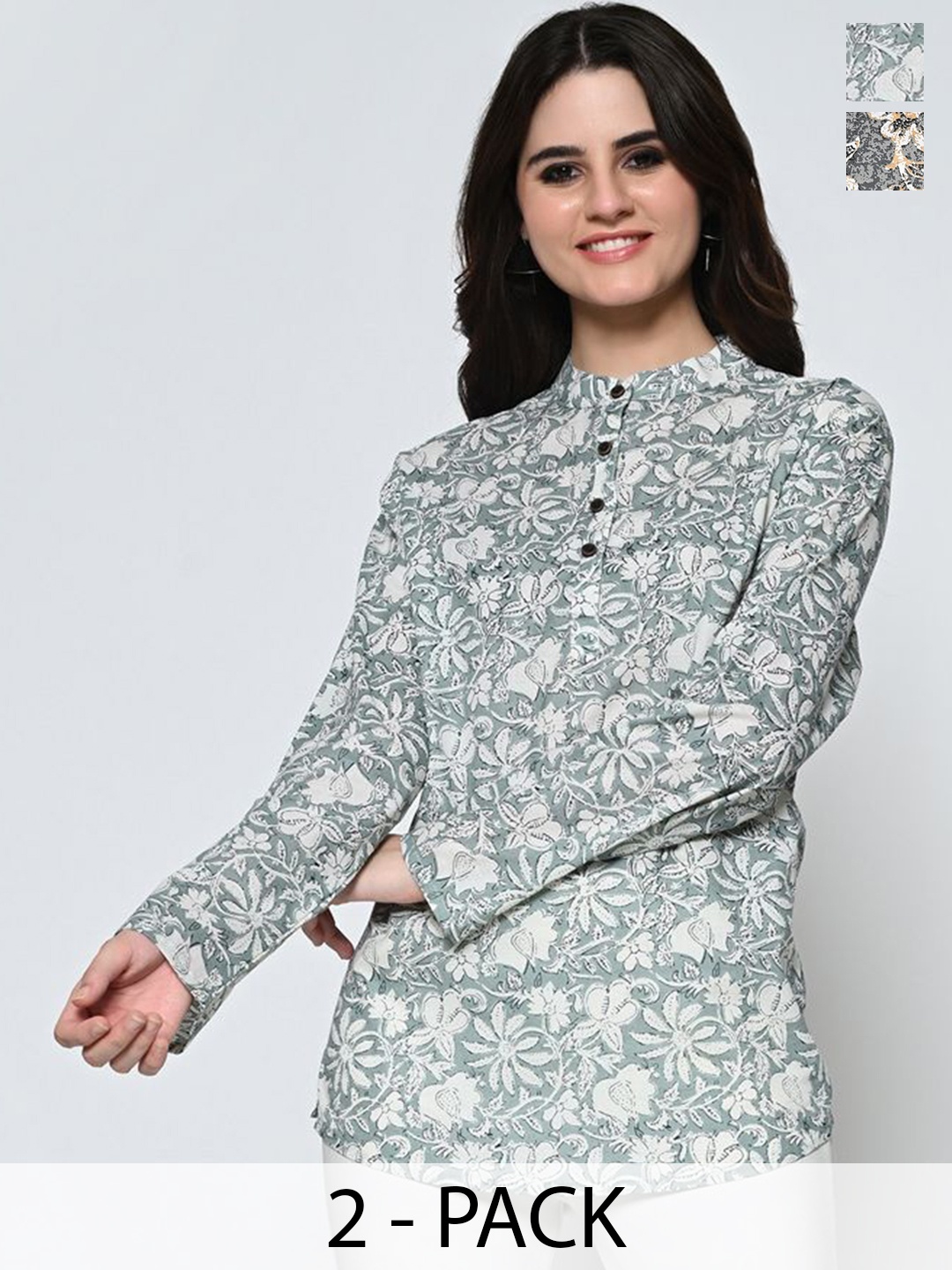 

BAESD Pack Of 2 Printed Mandarin Collar Pure Cotton Printed Tunic, Grey