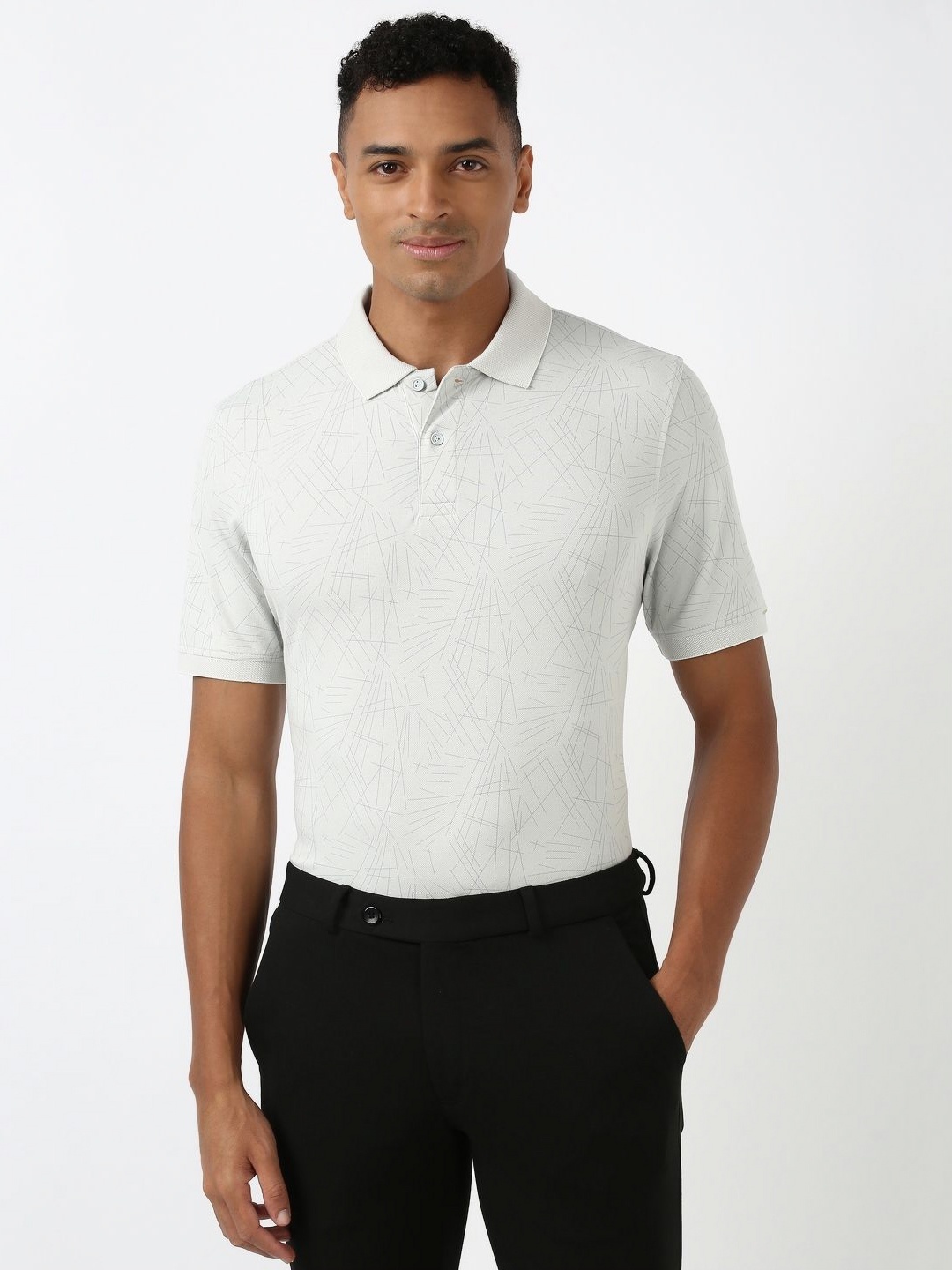 

Peter England Men Geometric Printed Polo Collar Cotton T-Shirt, Grey