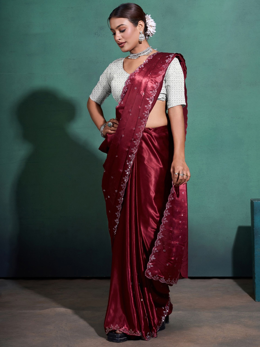

KIMISHA Ethnic Motifs Beads and Stones Satin Saree, Maroon
