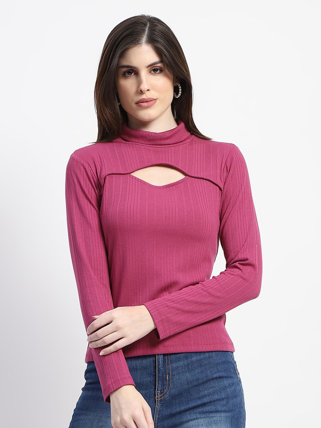 

Madame Women Solid High Neck Top, Purple