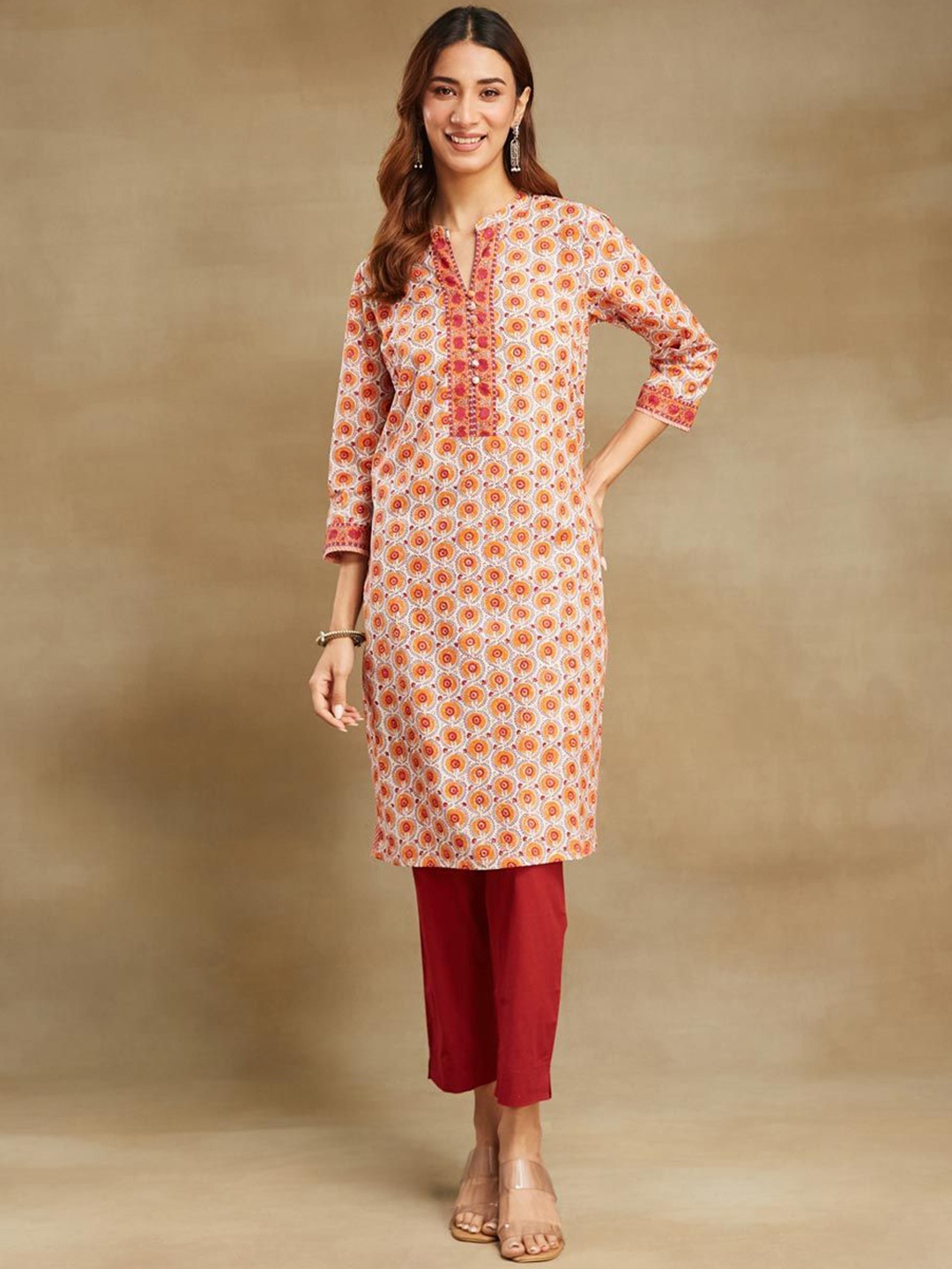 

Fabindia Ethnic Motifs Printed Mandarin Collar Cotton Straight Kurta, Off white