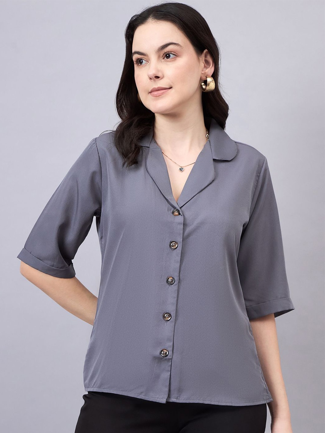 

Style Quotient Women Smart Cuban Collar Solid Formal Shirt, Grey