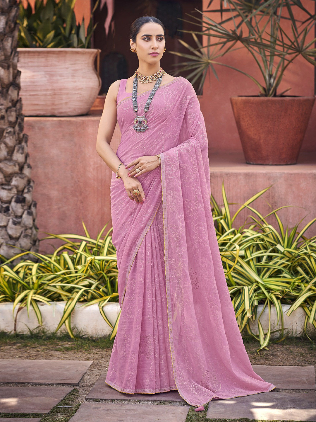 

NIRMAL CREATION Floral Beads and Stones Pure Silk Saree, Pink