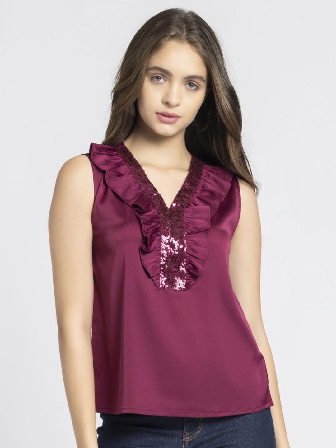 

SHAYE V-Neck Embellished Sleeveless Party Top, Maroon