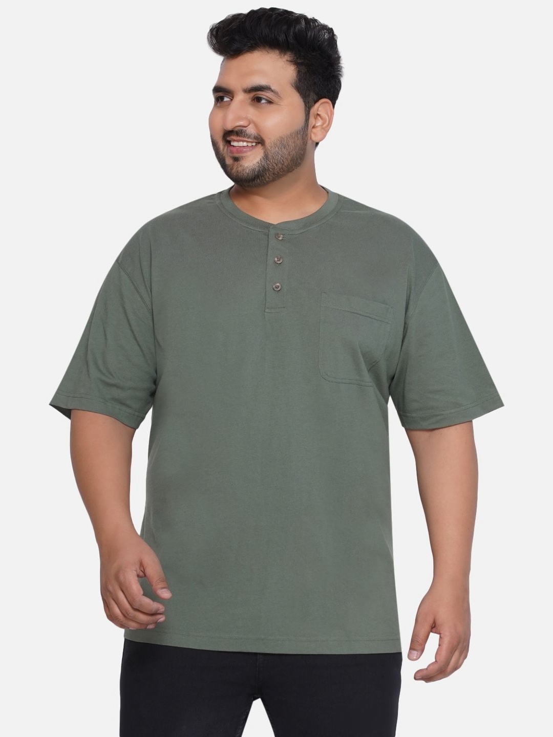 

Santonio Men Plus Size Solid Henley Neck Cotton T-Shirt, Green