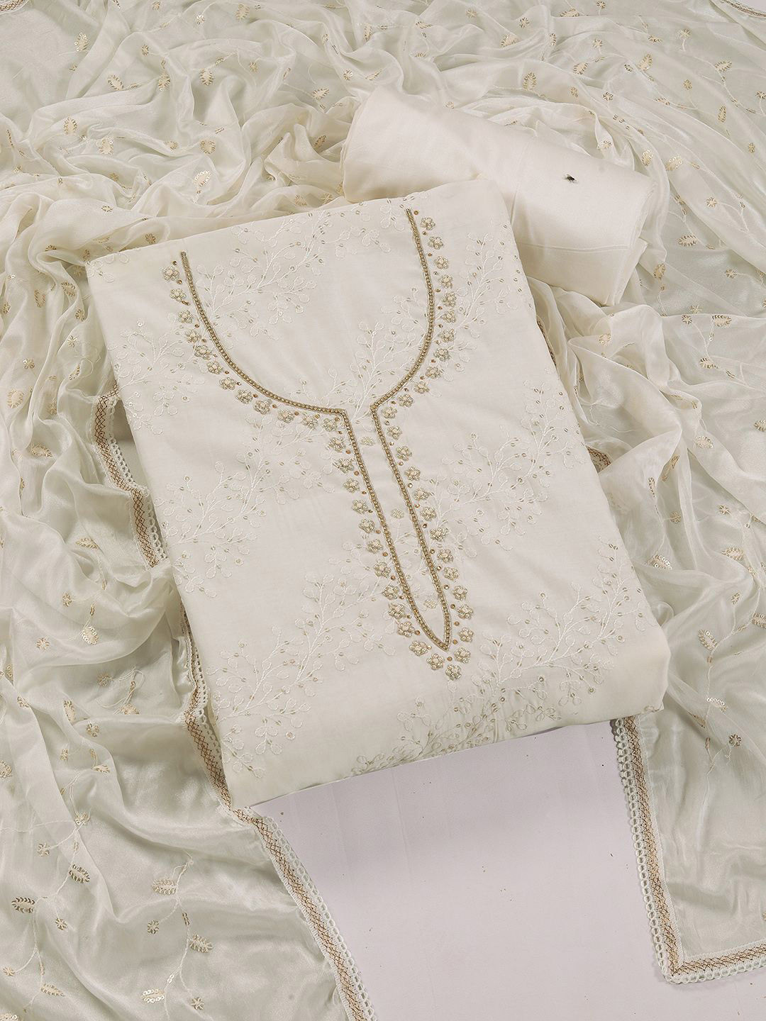 

KALINI Sequinned Embroidered Unstitched Dress Material, Cream