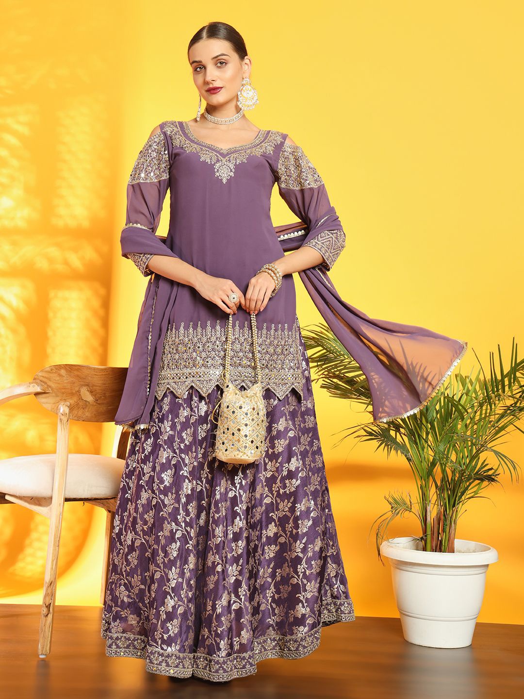 

Chhabra 555 Embroidered Top With Skirt & Dupatta, Purple