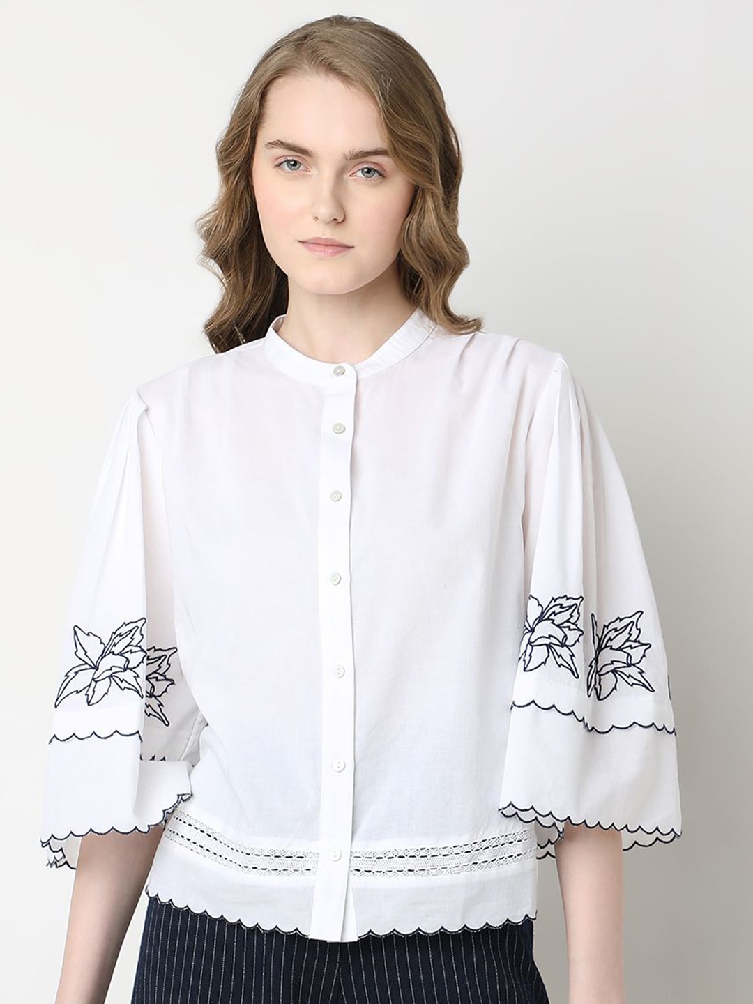 

Vero Moda Women Band Collar Floral Printed Cotton Casual Shirt, White
