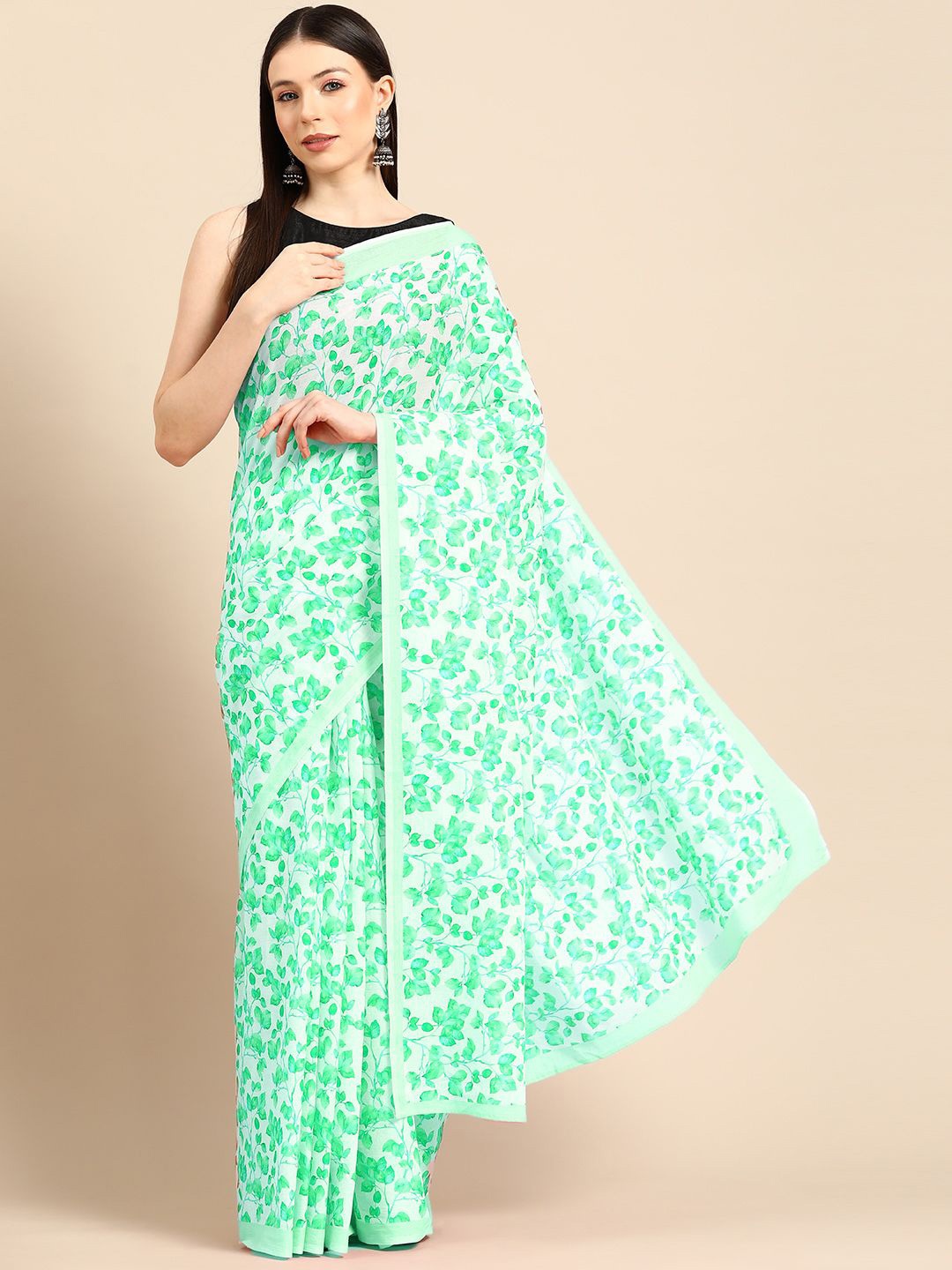

BUTA BUTI Floral Printed Pure Cotton Saree, Sea green