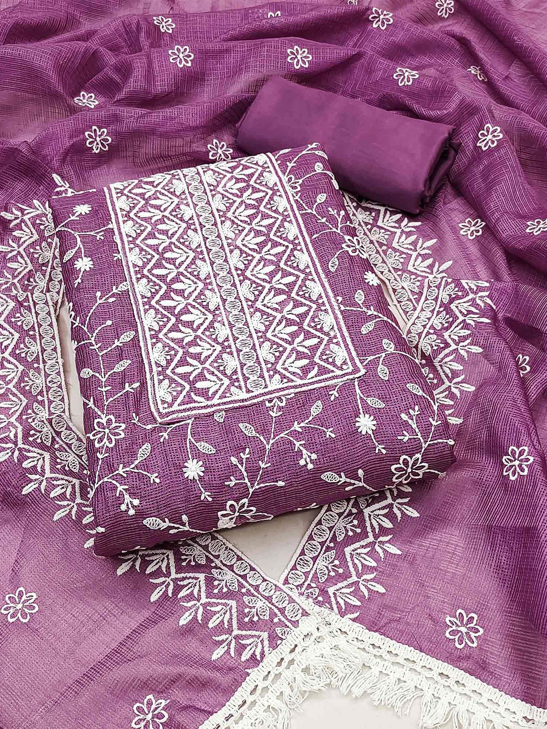 

Peachmode Floral Embroidered Unstitched Dress Material, Purple
