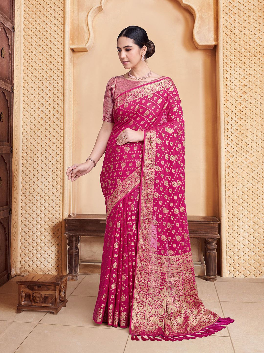 

House of Pataudi woven design zari work Pure Georgette Banarasi saree, Pink