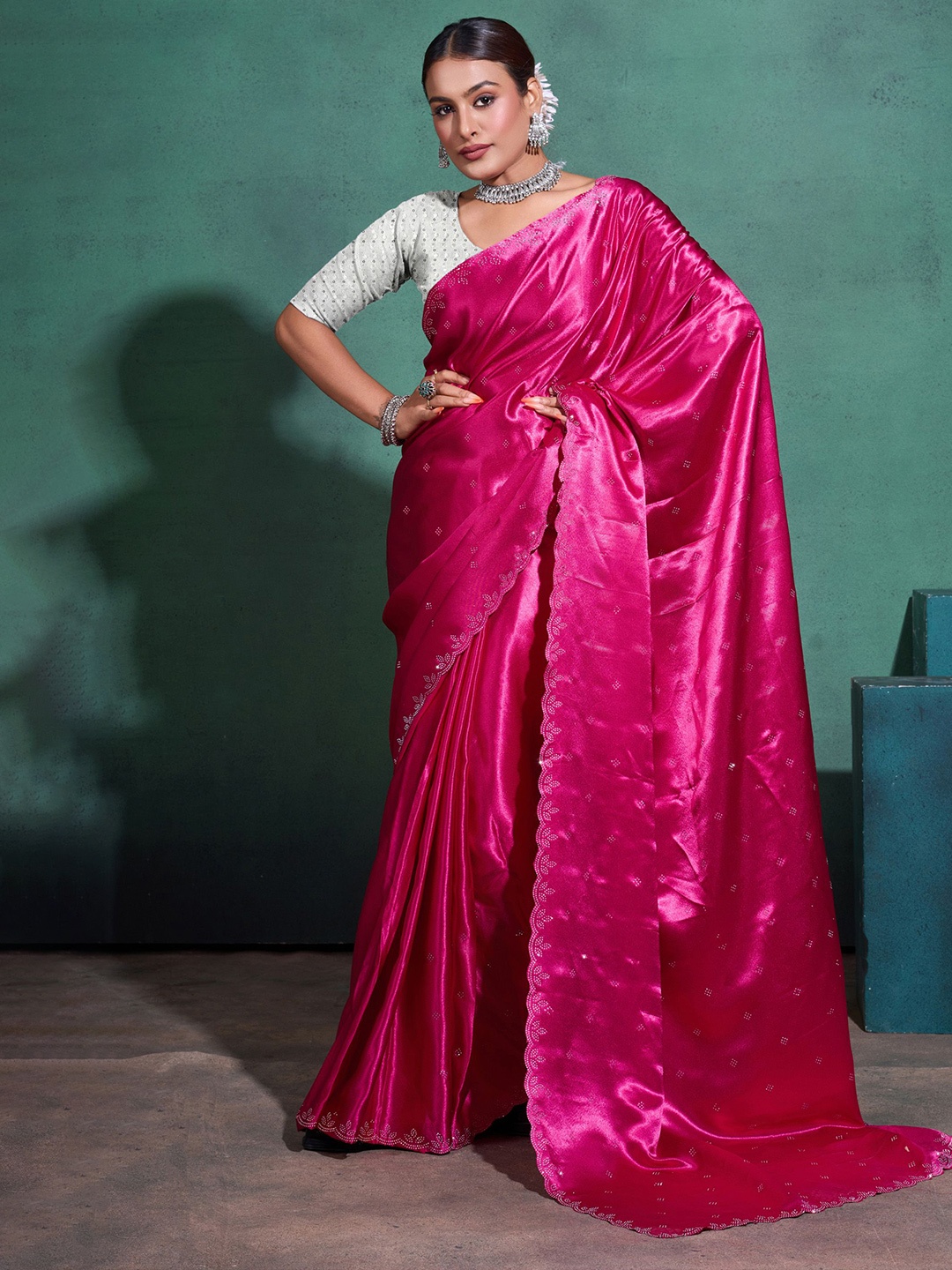 

KIMISHA Embellished Beads and Stones Satin Saree, Pink