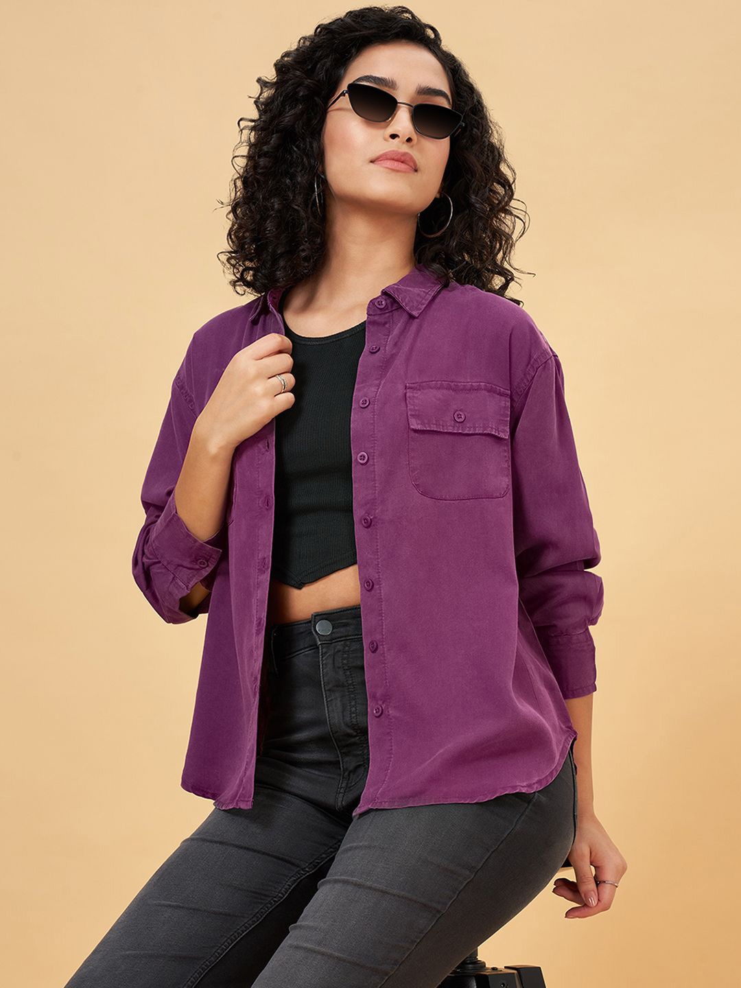 

SF JEANS by Pantaloons Cotton Shirt Style Top, Purple