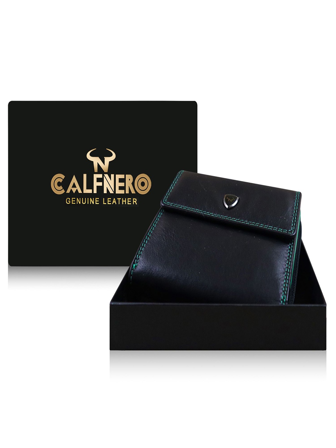 

CALFNERO Women Leather Three Fold Wallet, Black