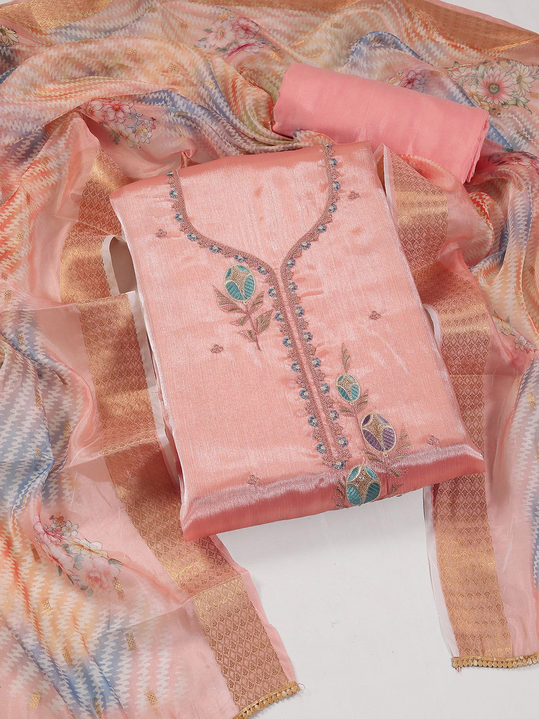 

KALINI Embroidered Unstitched Dress Material, Pink