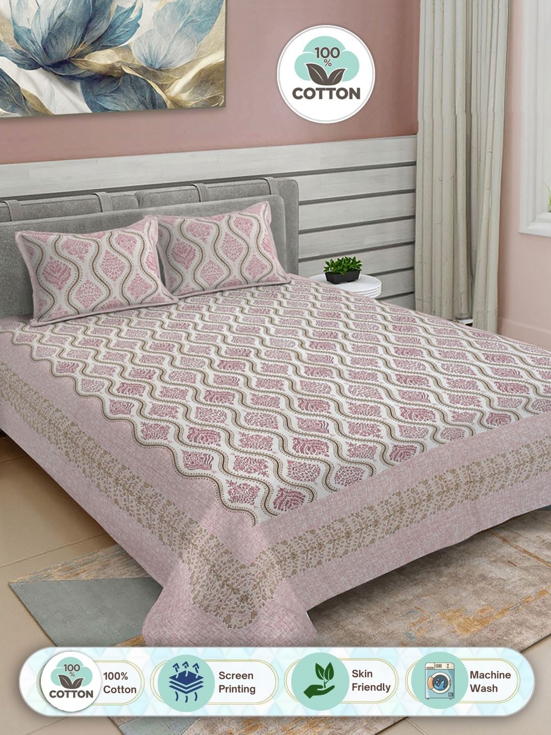 

FABINALIV White & Pink Floral Print Pure Cotton King Size Bedsheet & 2 Pillow Covers