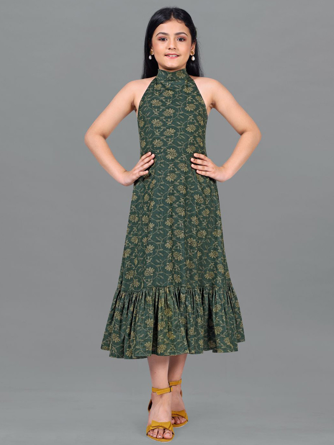

BAESD Girls Cotton Floral Print Sleeveless Mock Neck A-Line Midi Dress, Green