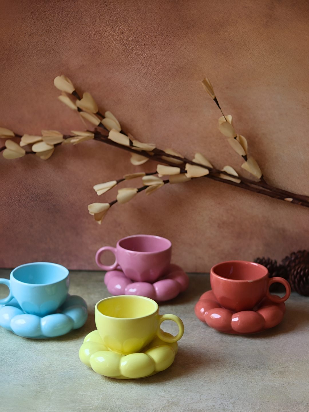 

WEAVING HOMES Yellow & Blue 8 Pieces Ceramic Cup & Saucer