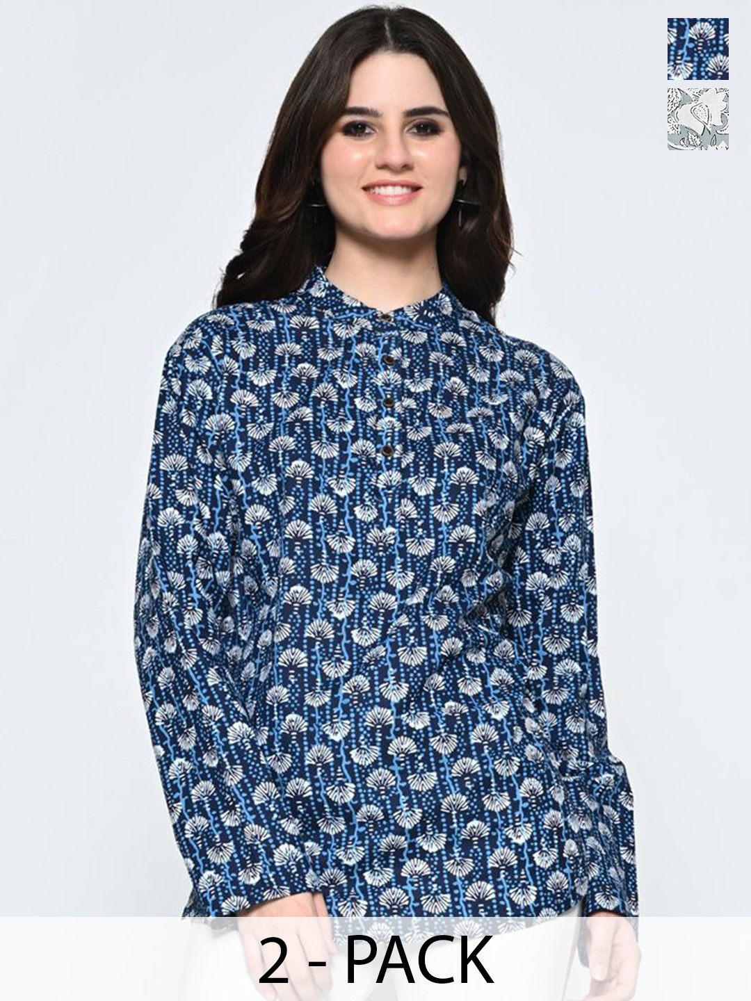 

BAESD Pack of 2 Floral Printed Mandarin Collar Pure Cotton Tunic, Grey