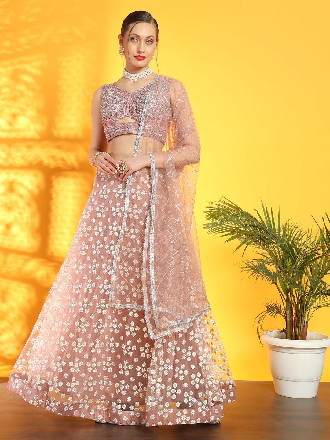 

Chhabra 555 Embellishments Crop Top Lehenga With Dupatta, Peach