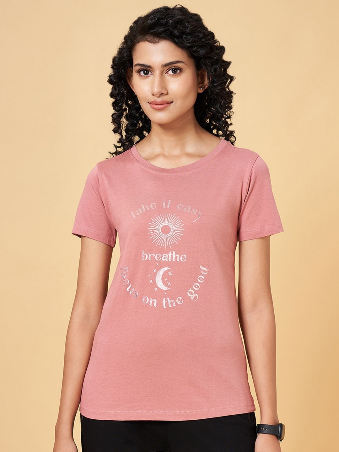 

Ajile by Pantaloons Women Typography Printed Round Neck Cotton T-Shirt, Peach