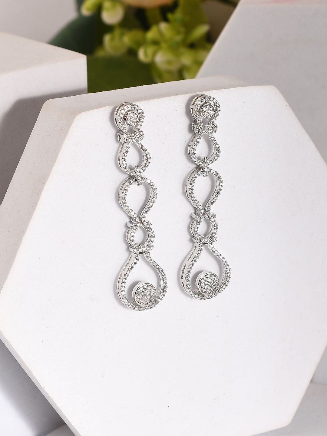 

Voylla Rhodium Plated Contemporary American Diamonds Studded Drop Earrings, Silver