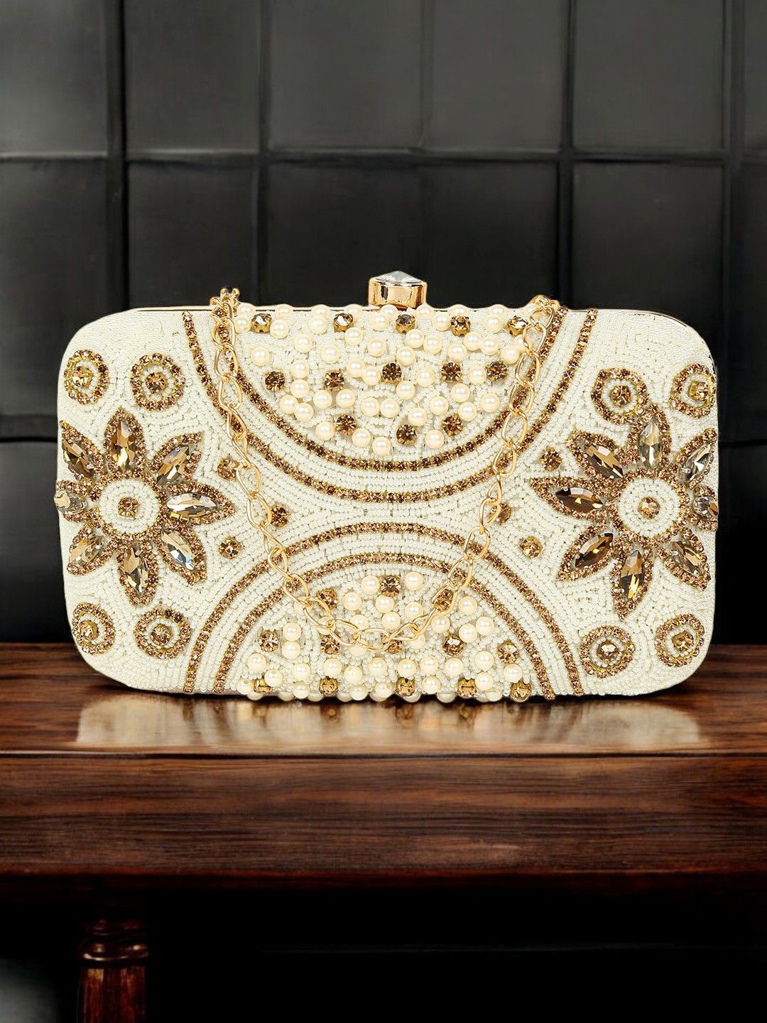 

CRUSSET Embroidered Box Clutch, Beige