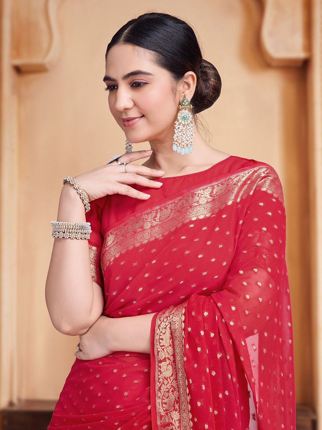 

House of Pataudi Banarasi Woven Design Pure Georgette Saree, Red