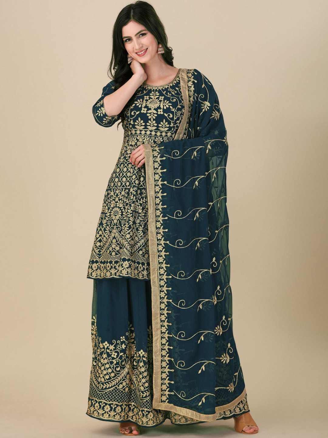 

KALINI Ethnic Motifs Embroidered Zari Work Semi-Stitched Dress Material, Turquoise blue