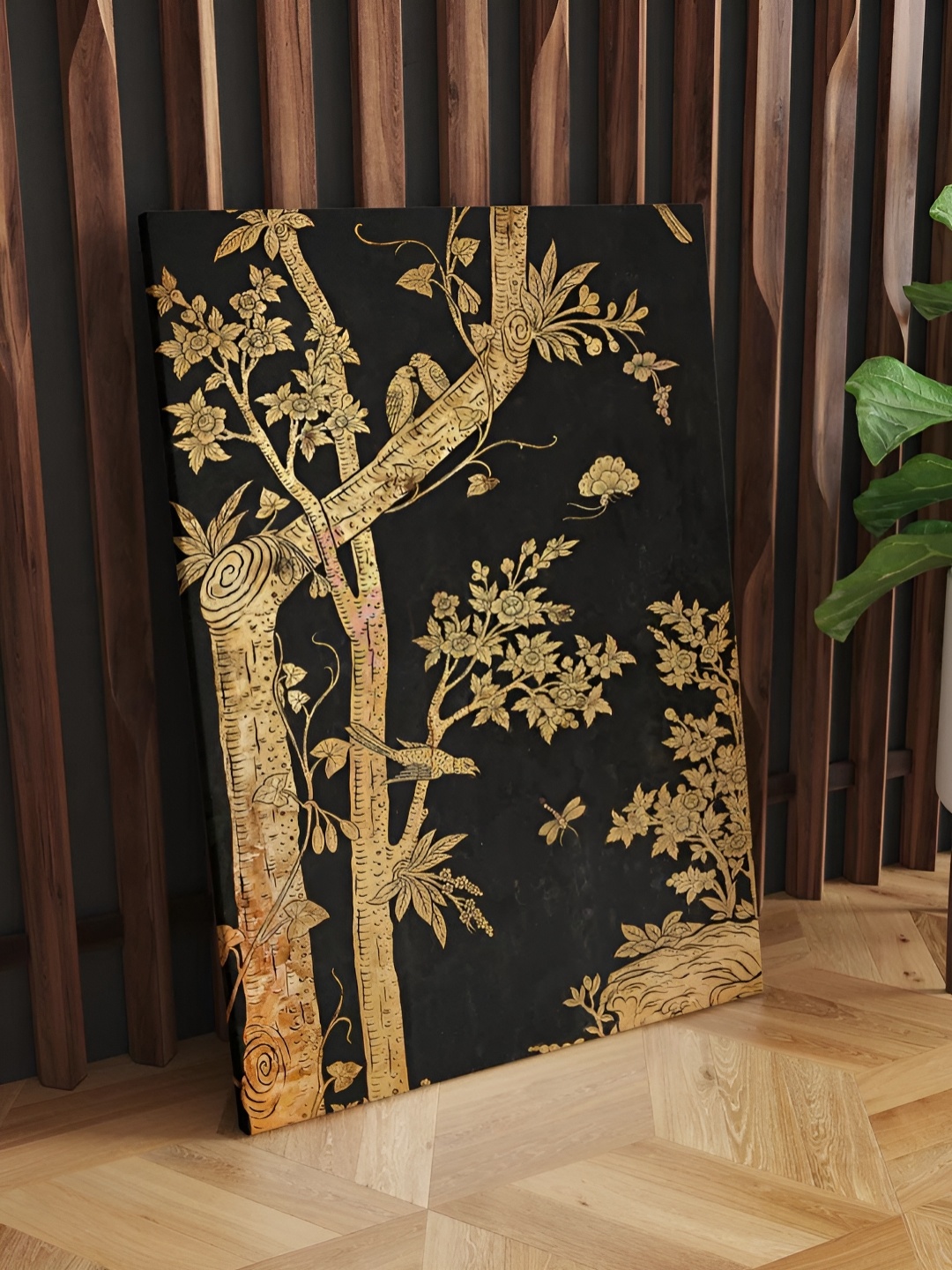 

CLAWCRAFTS Black & Gold-Toned Wooden Floral and Botanical Wall Paintings