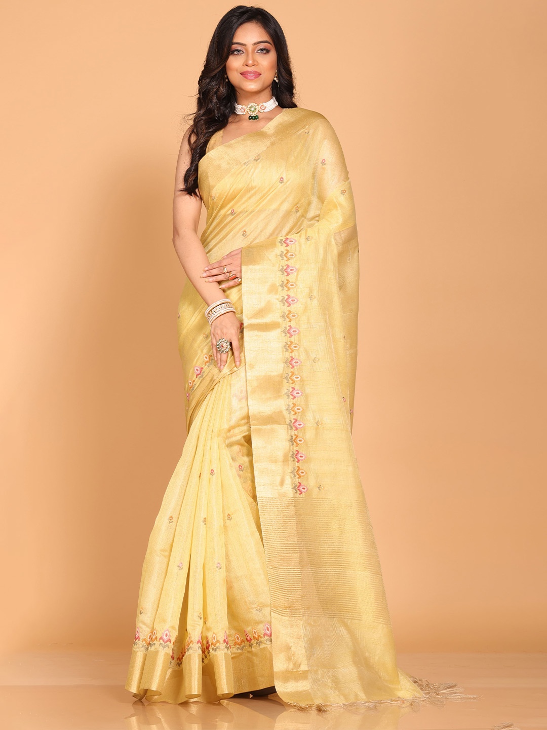 

Morchari Embroidered Zari Floral Pure Linen Saree, Yellow