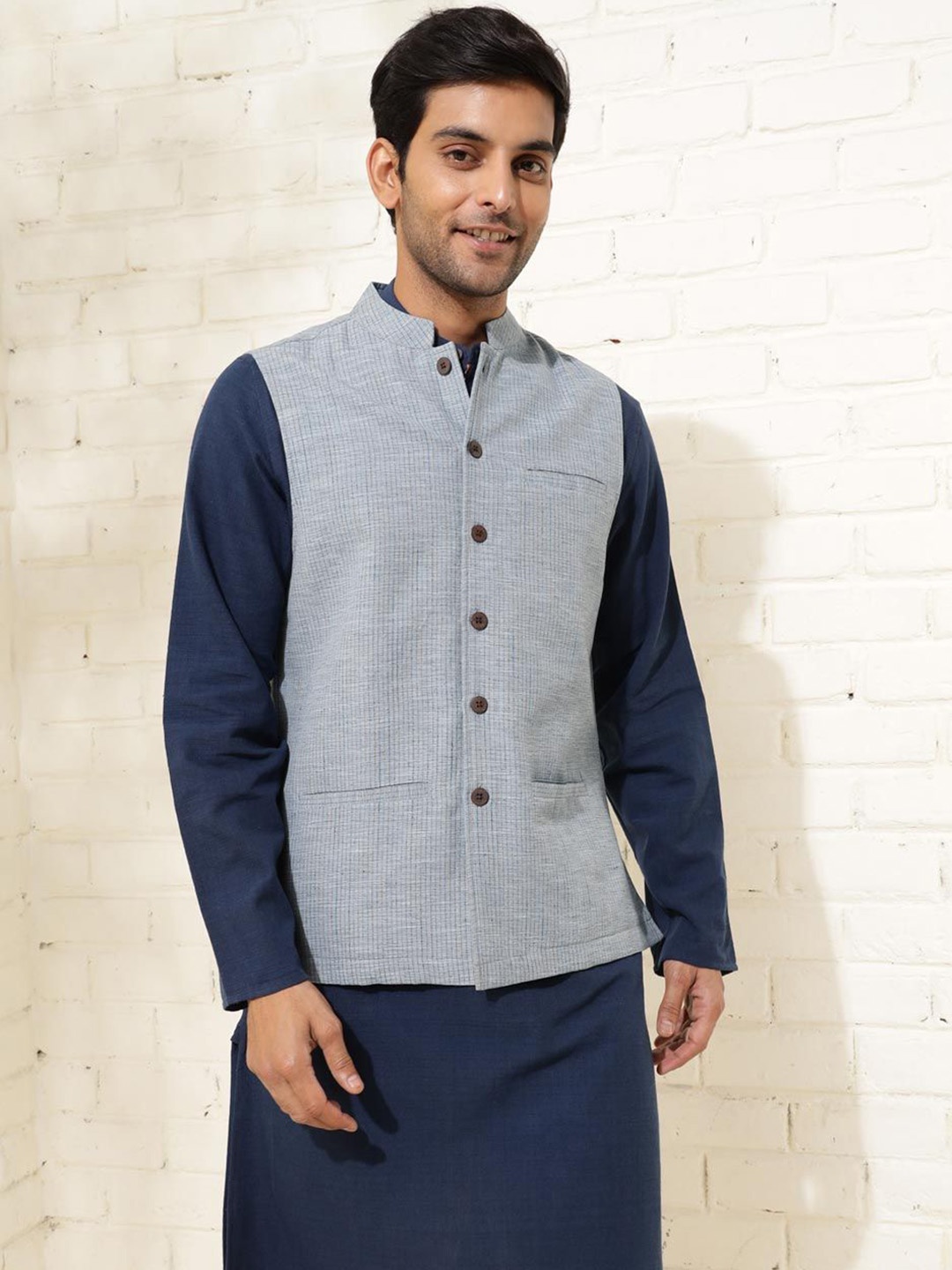 

Fabindia Striped Woven Nehru Jackets, Blue