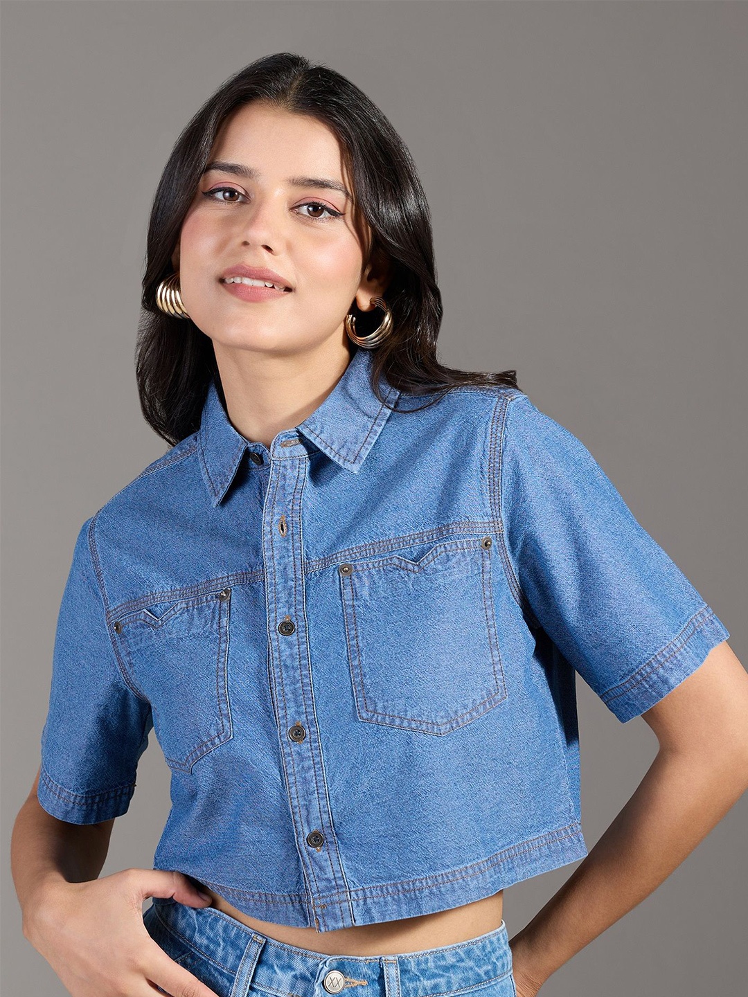 

20Dresses Women Spread Collar Solid Denim Boxy Casual Shirt, Blue