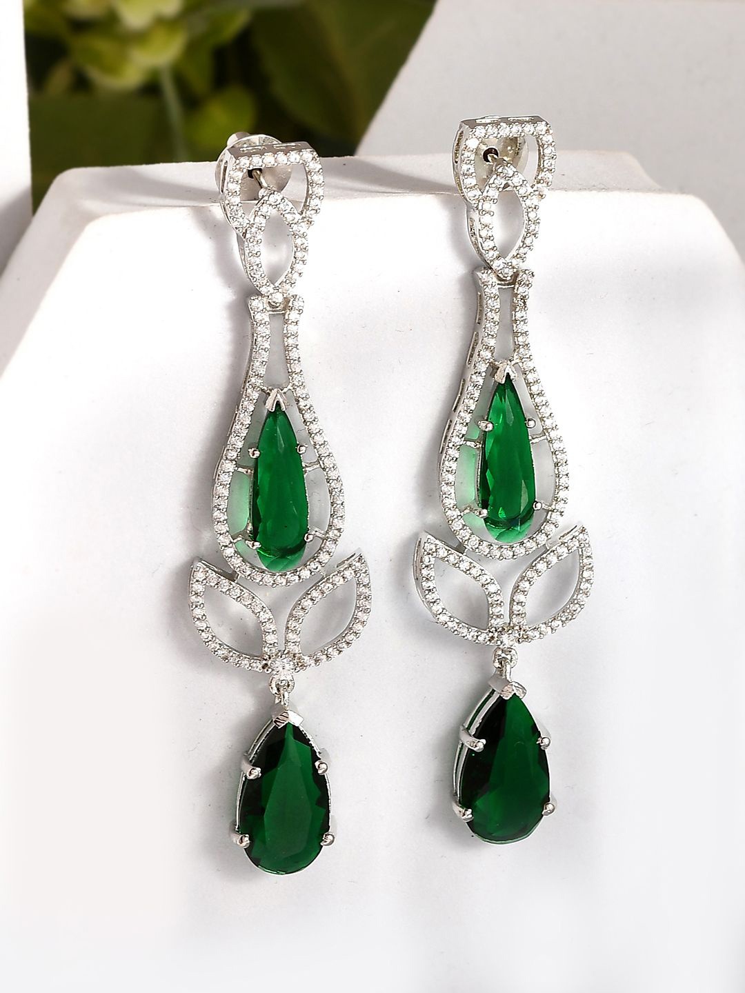 

Voylla Sparkling Elegance Radiant Emerald Rhodium Plated American Diamond Drop Earrings, Silver