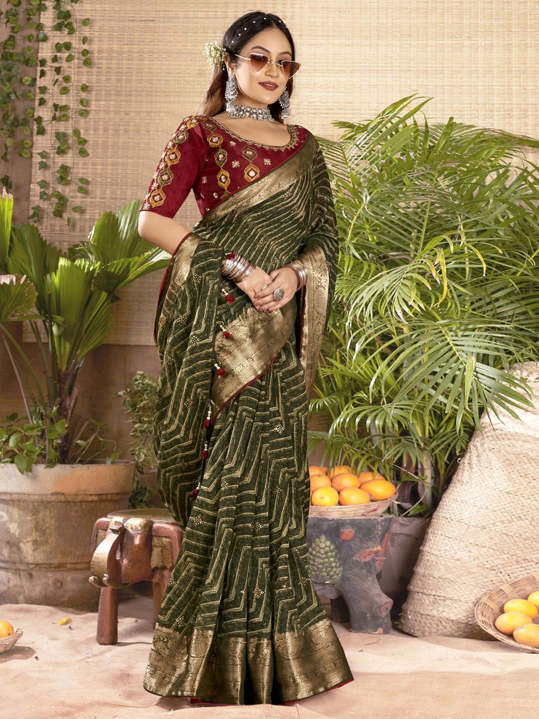 

Saree mall Printed Zari Sarees, Olive