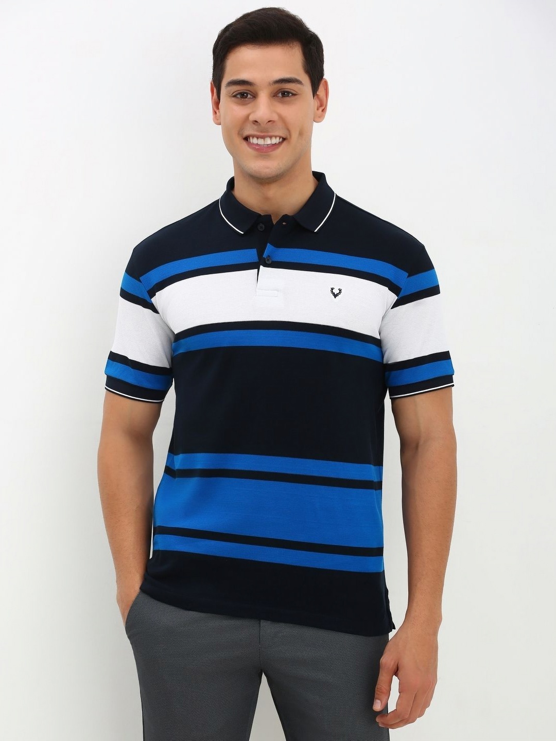 

Allen Solly Men Striped Polo Collar Cotton T-Shirt, Black