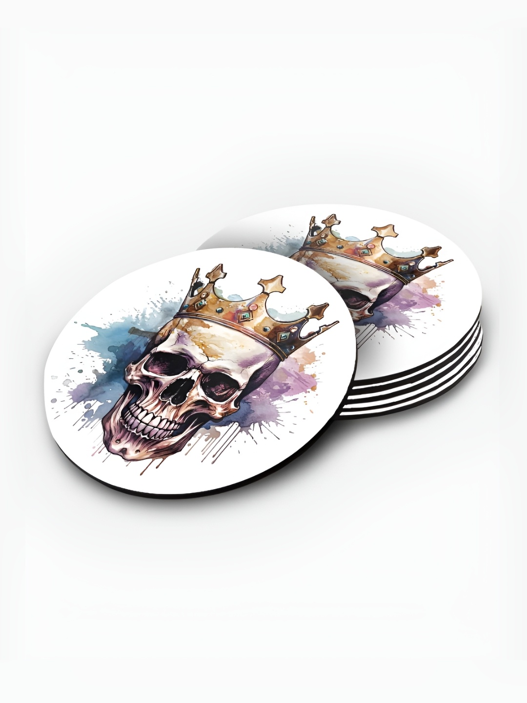 

macmerise White & Brown 6 PiecesSkull Splatter Printed Wooden Circular Coasters