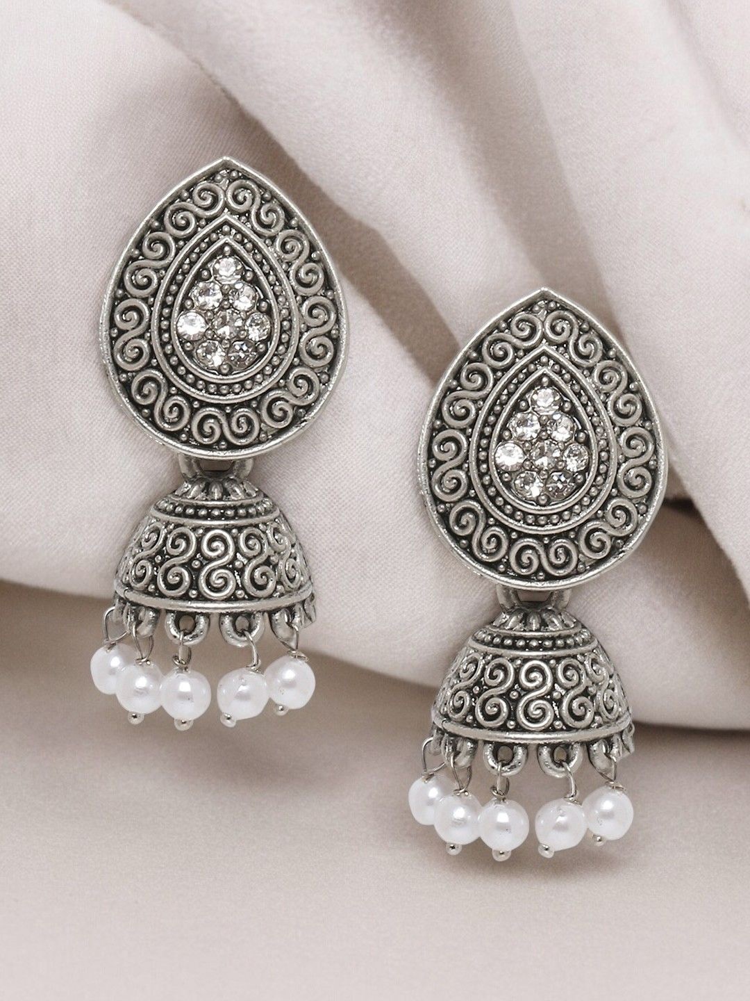 

Sangria Silver-Toned Stones Studded & Pearls Beaded Oxidized Jhumka