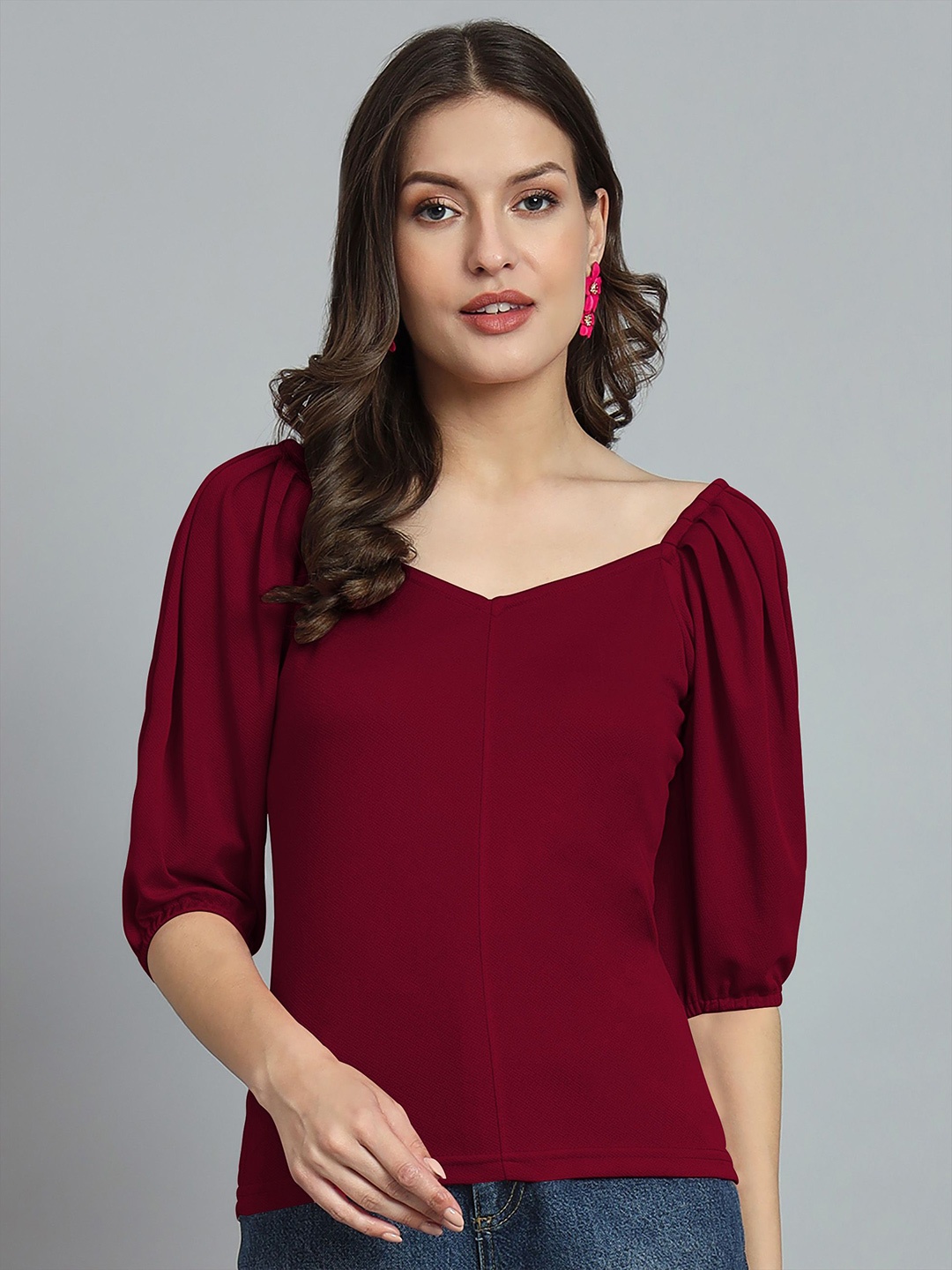 

Dream Beauty Fashion Women Solid Sweetheart Neck Top, Maroon