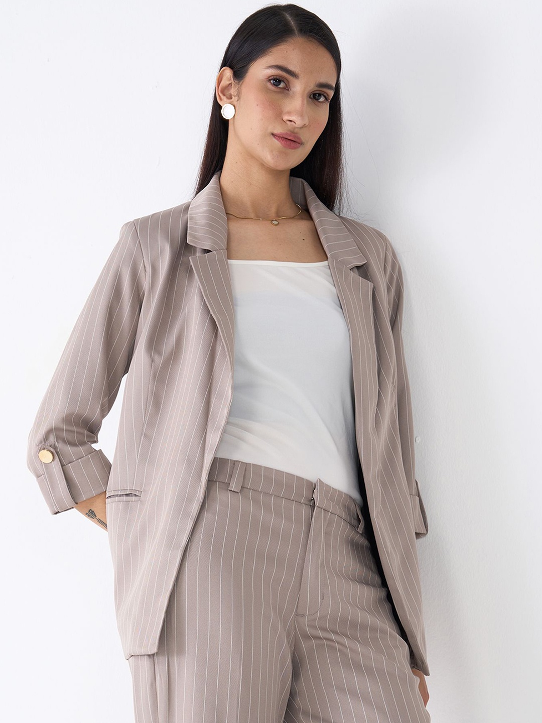 

SALT ATTIRE Striped Notched Lapel Front Open Formal Blazers, Taupe